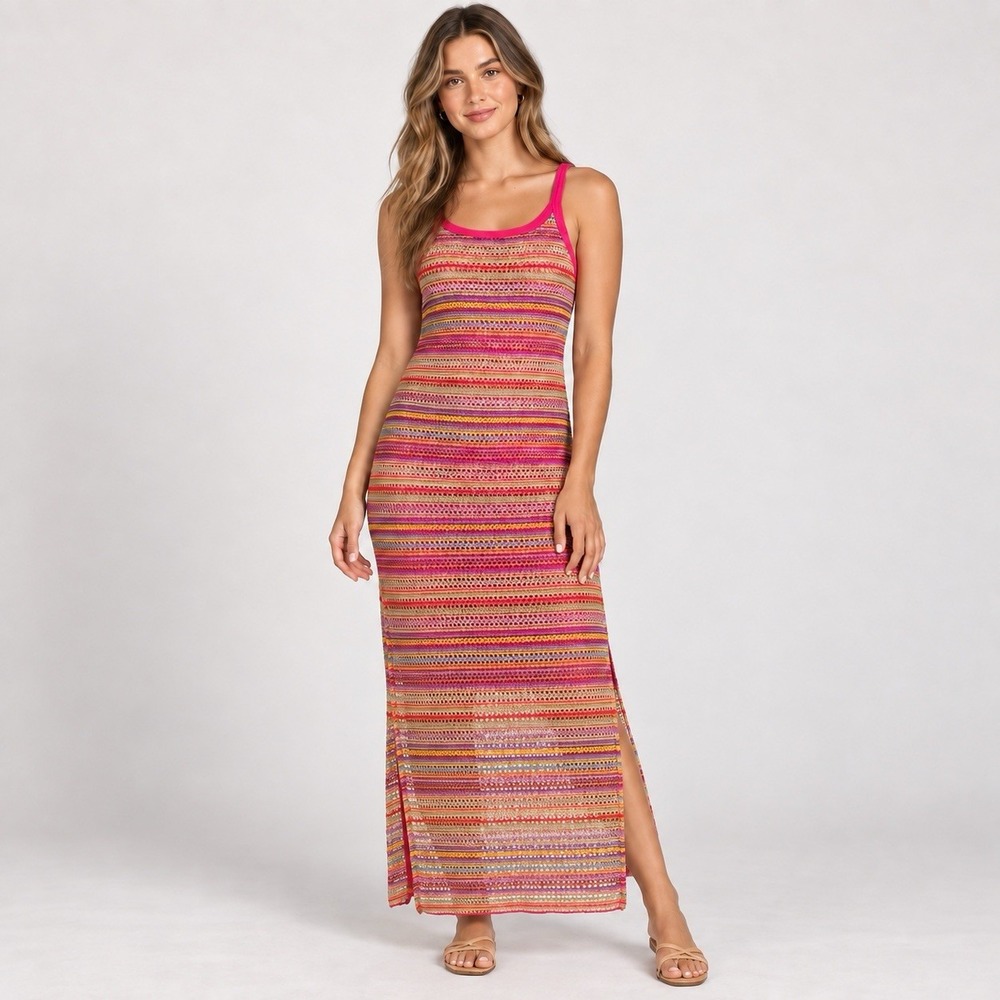 No Boundaries Womens M 7-9 Crochet Knit Maxi Dress Pink Multicolor Stripe